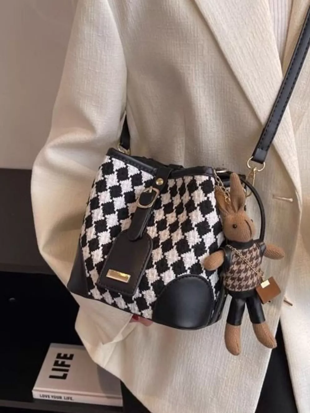 Checkerboard Pattern Bucket Crossbody Bag, image 6