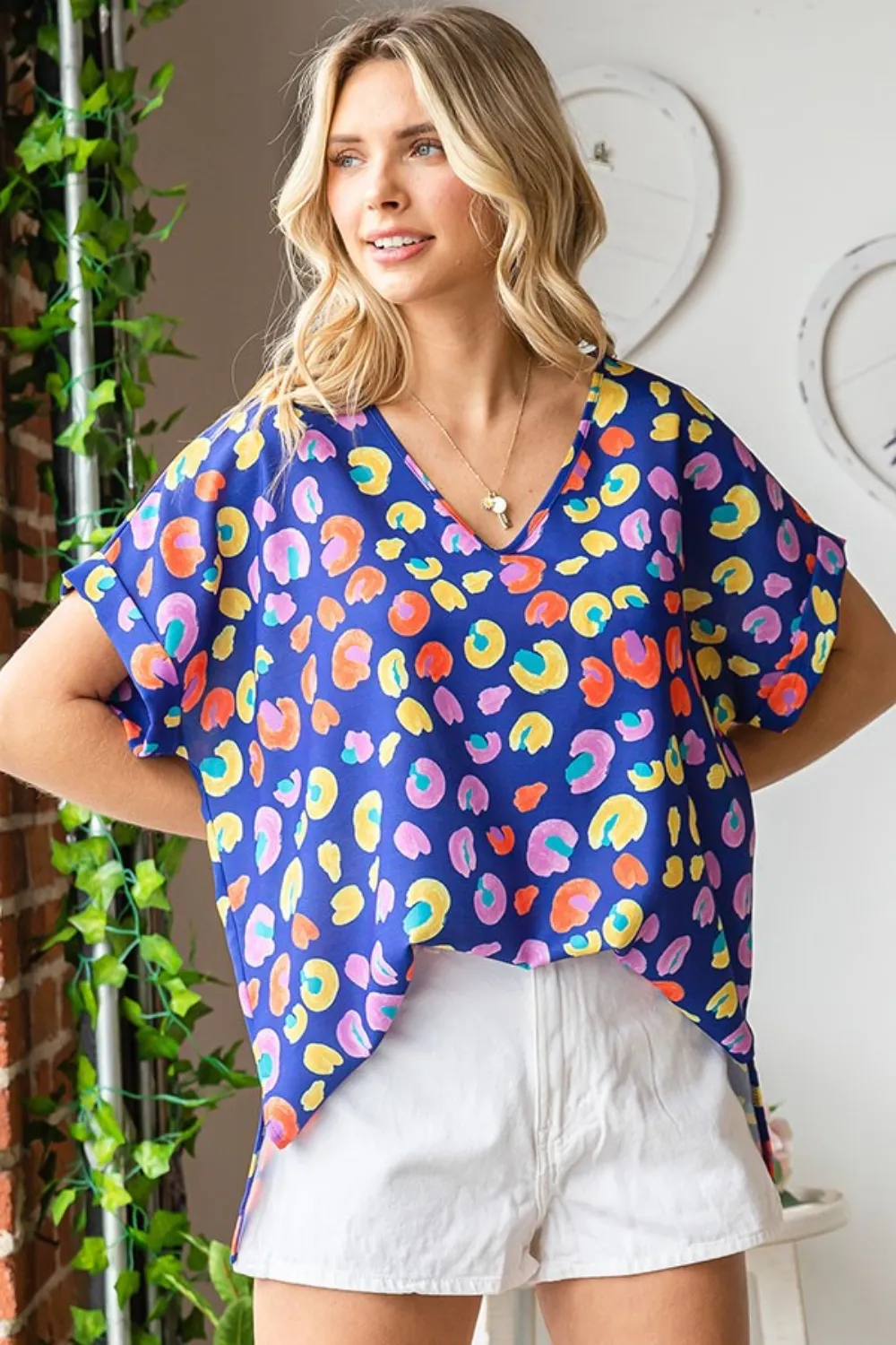 Printed V-Neck Short Sleeve Blouse, image 5