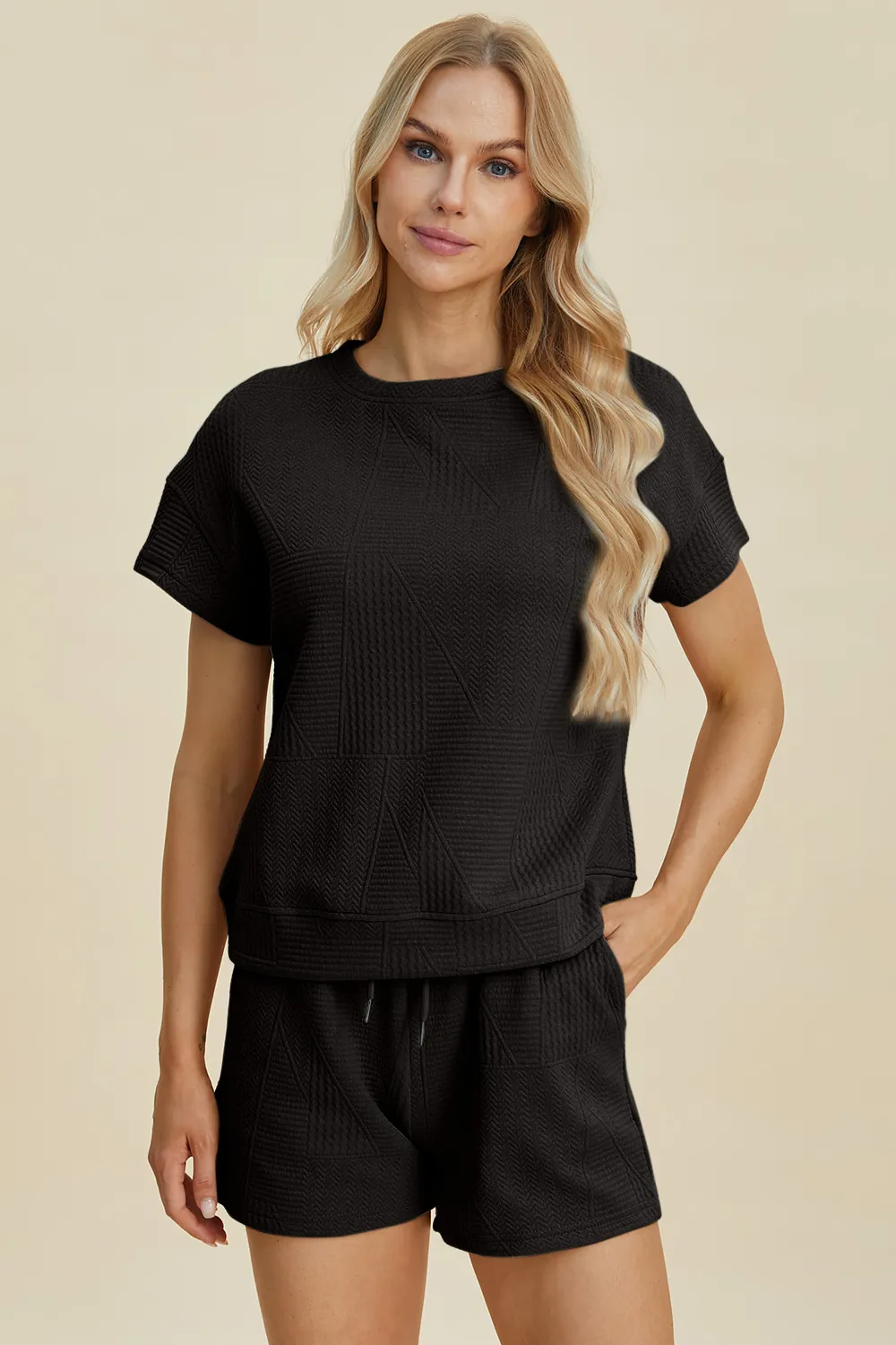 Full Size Texture Short Sleeve Top and Shorts Set, image 13