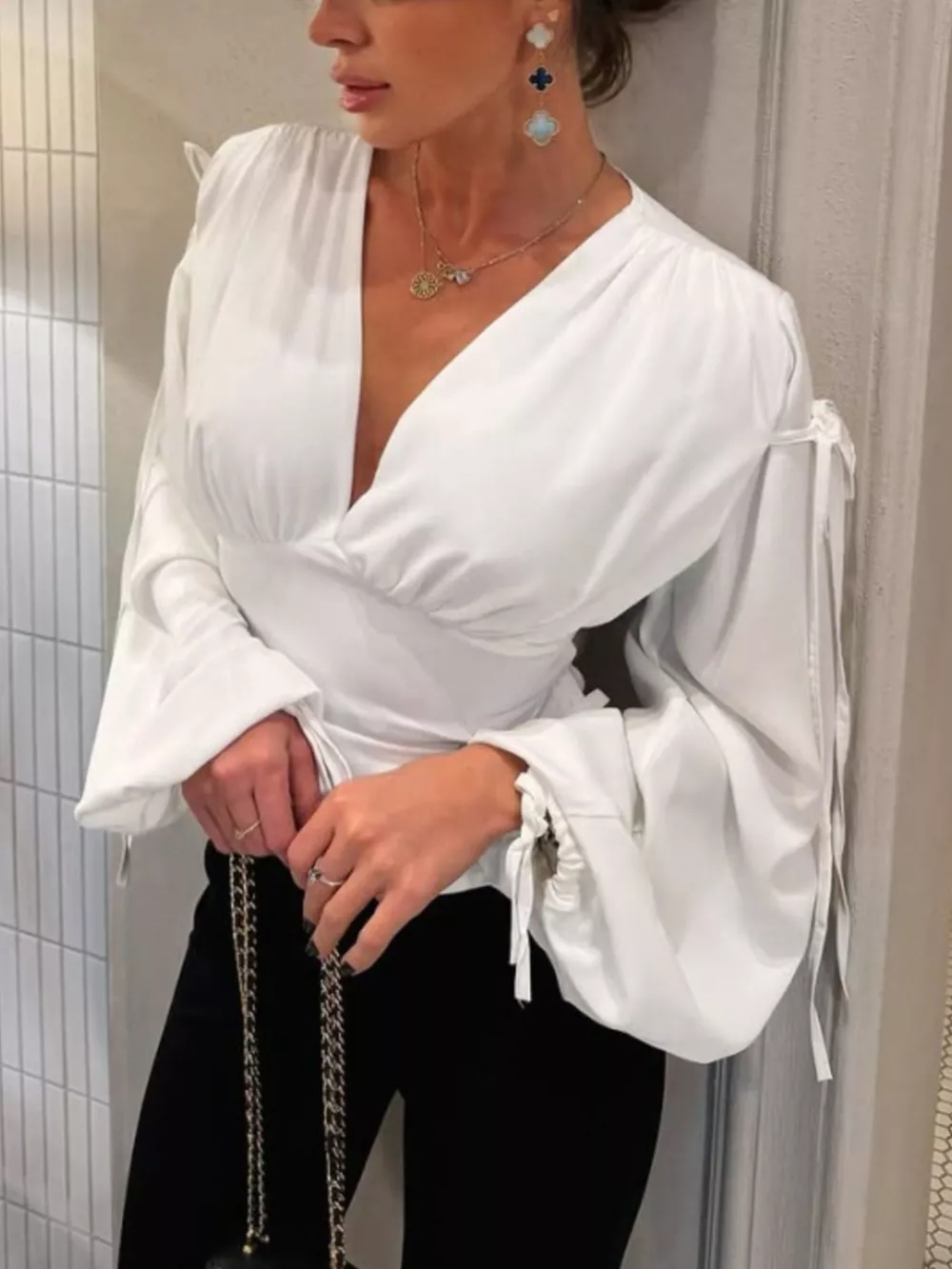 Tied V-Neck Balloon Sleeve Blouse, image 3