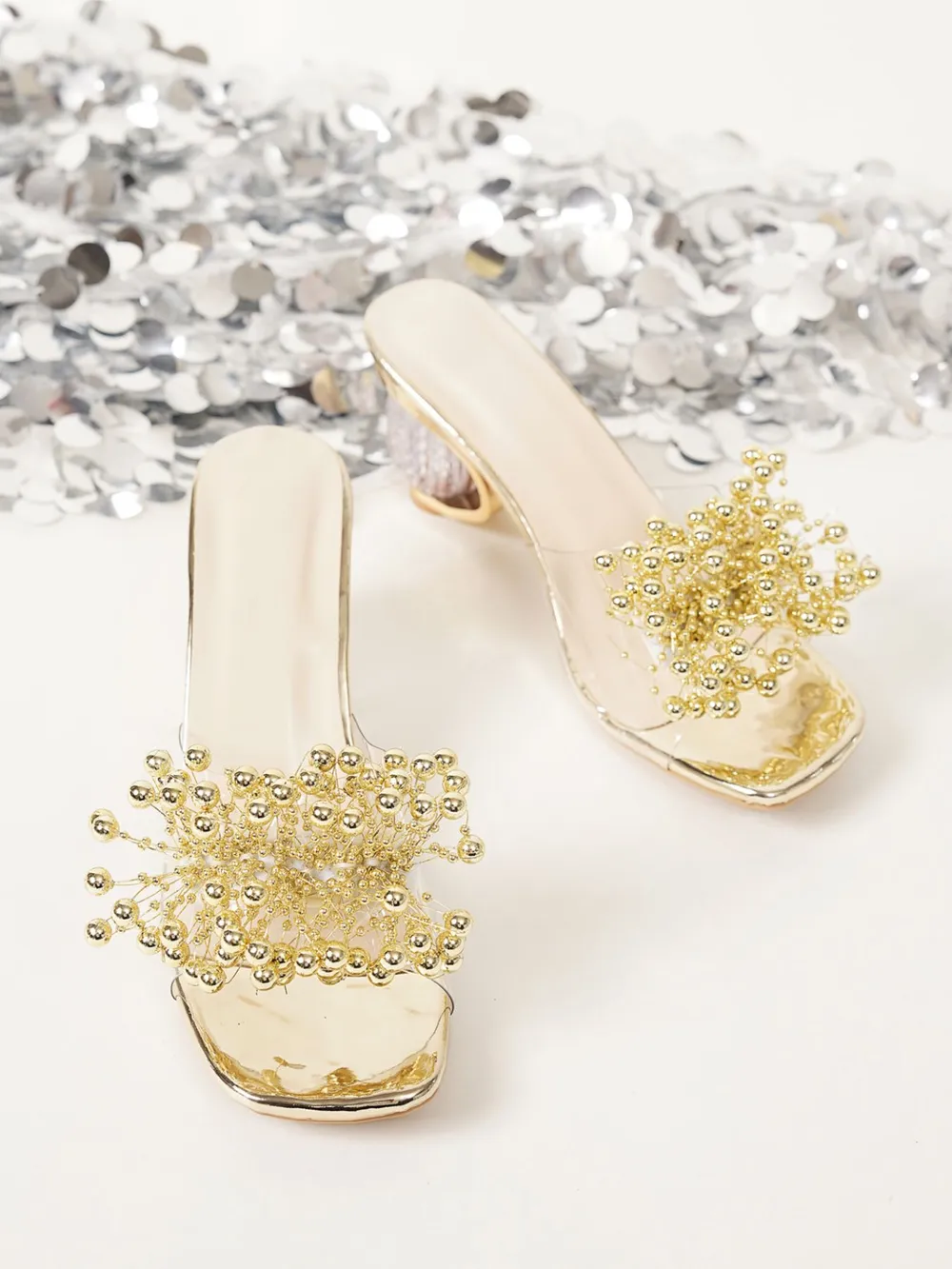 Pearl Embellished Clear Heel Sandals, image 2