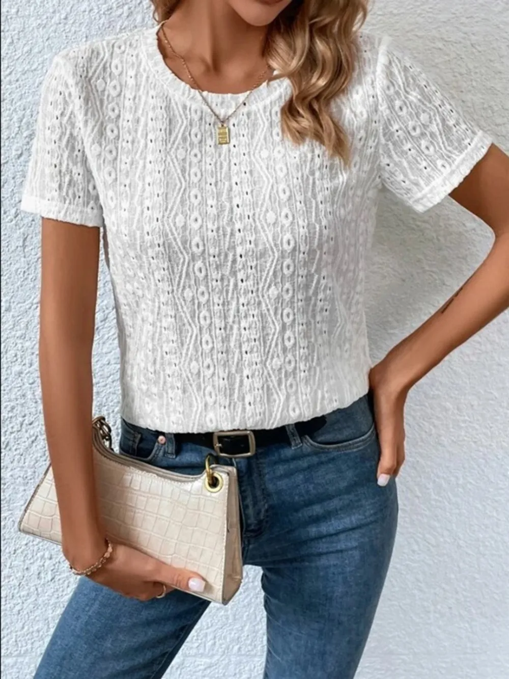 Eyelet Round Neck Short Sleeve T-Shirt, image 2