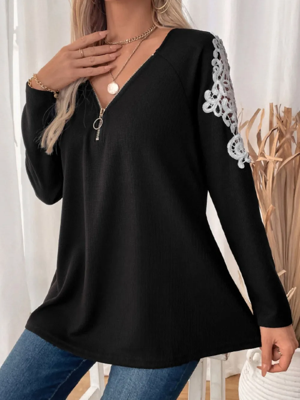 Lace Detail Quarter Zip Long Sleeve Top, image 2