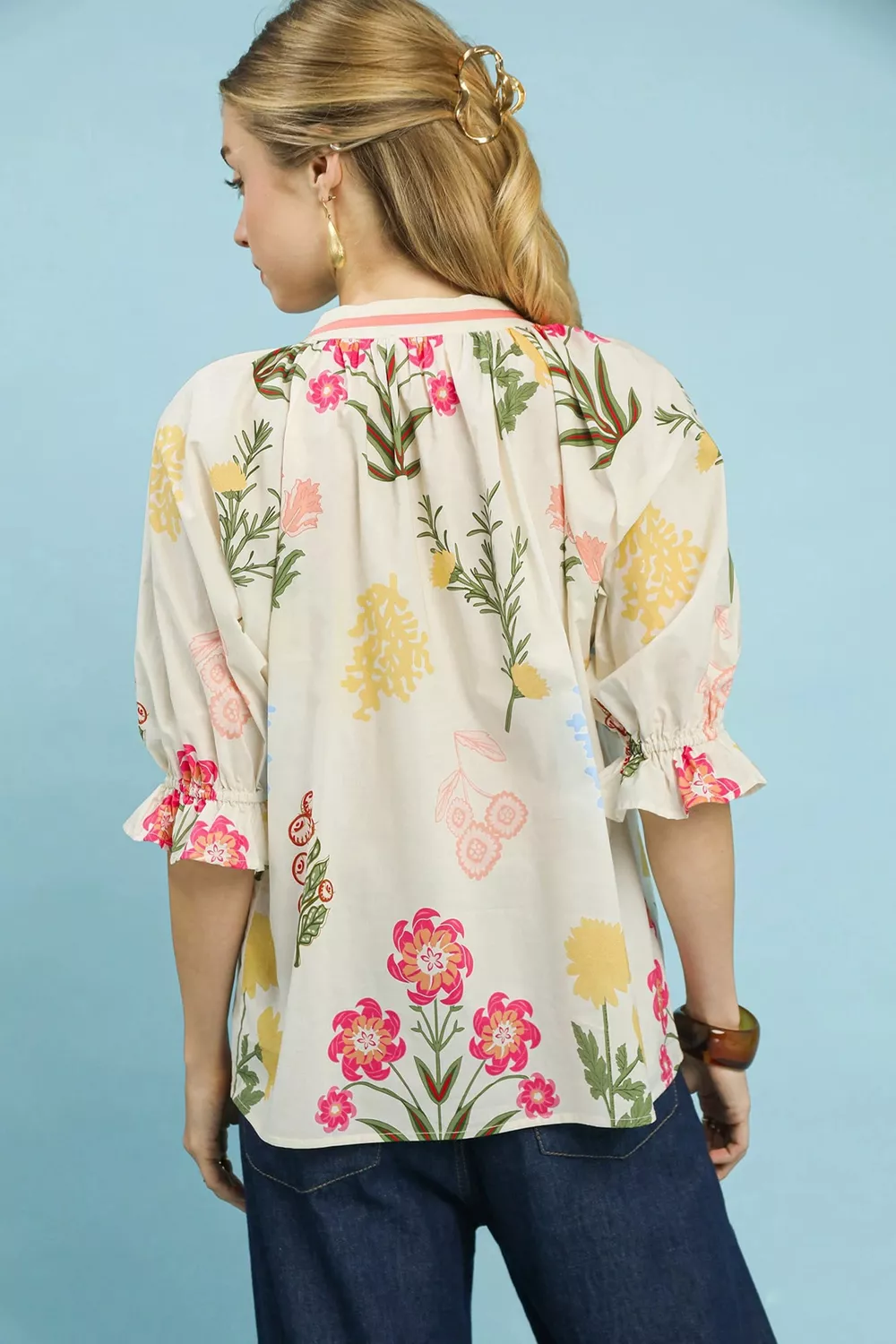 Floral Split Neck Puff Sleeve Top, image 3