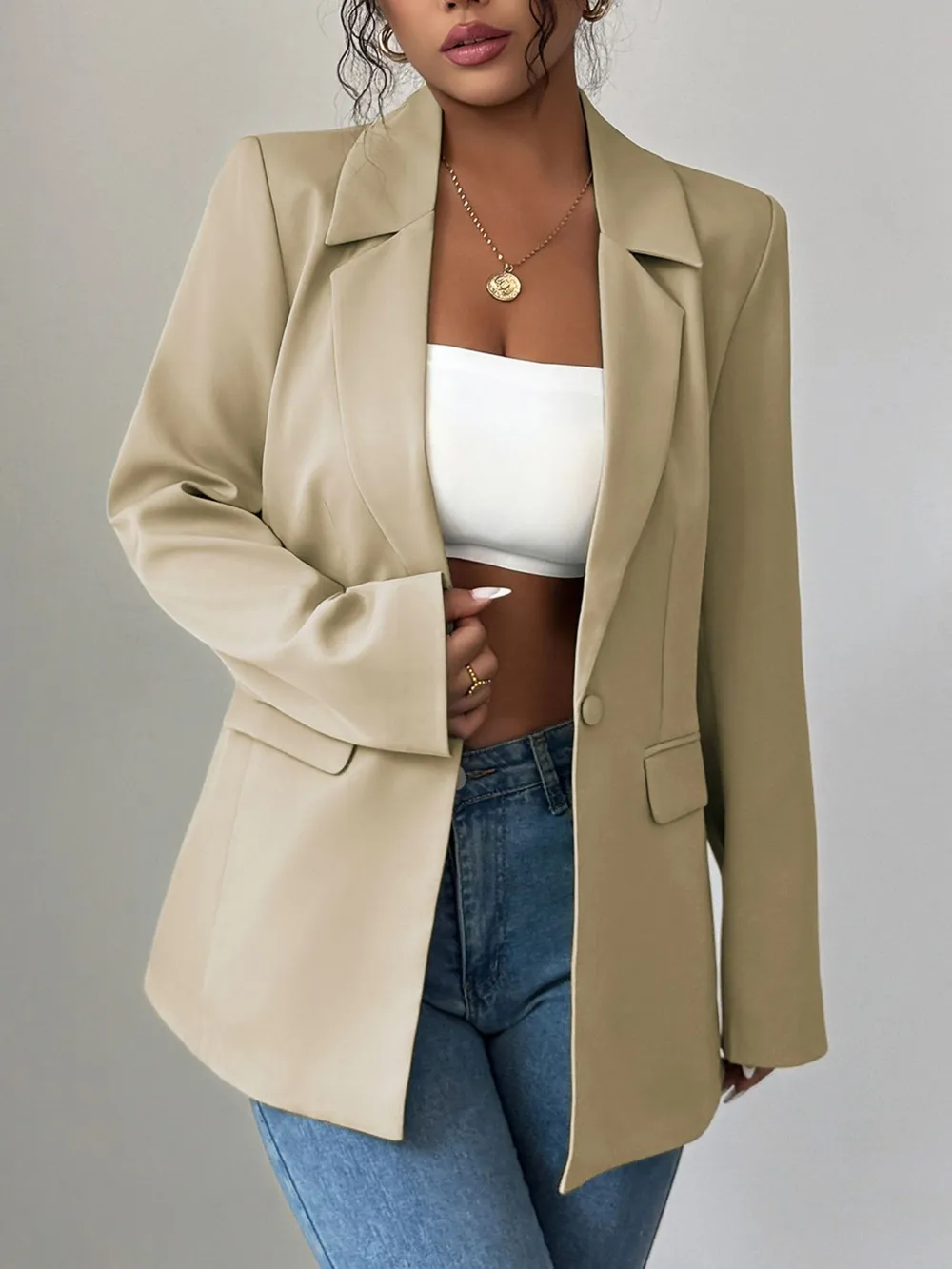 One Button Lapel Collar Blazer, image 2
