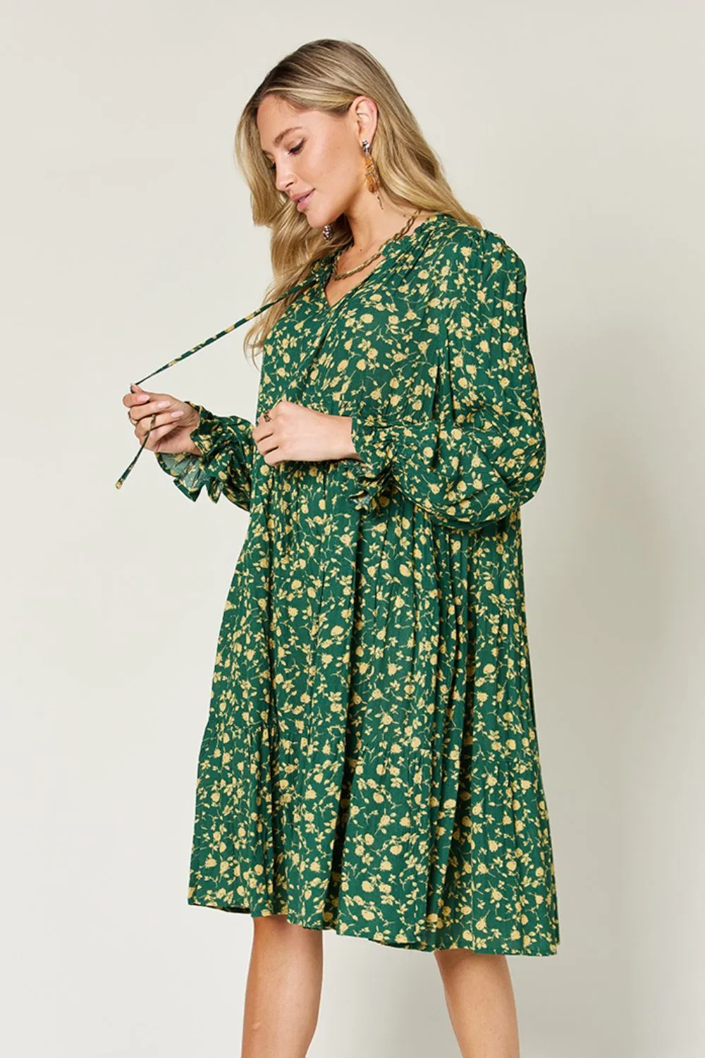 Full Size Printed Ruffle Hem Long Sleeve Tiered Dress, image 9