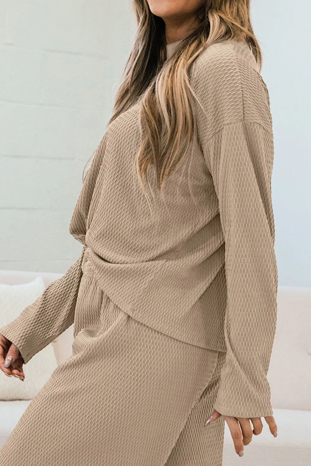 Round Neck Dropped Shoulder Top and Pants Set, image 3
