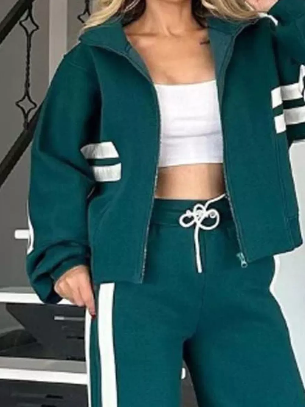 Full Size Contrast Stripe Zip Up Jacket and Pants Set Plus Size, image 4