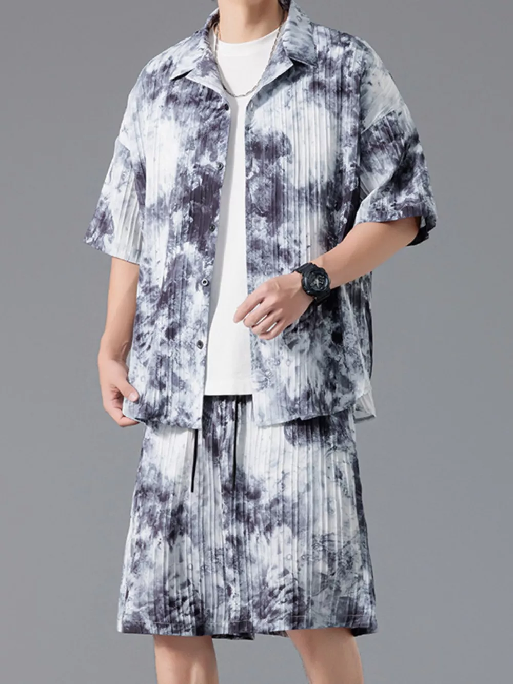 Men's Full Size Tie-Dye Casual Shirt and Shorts Set Plus Size