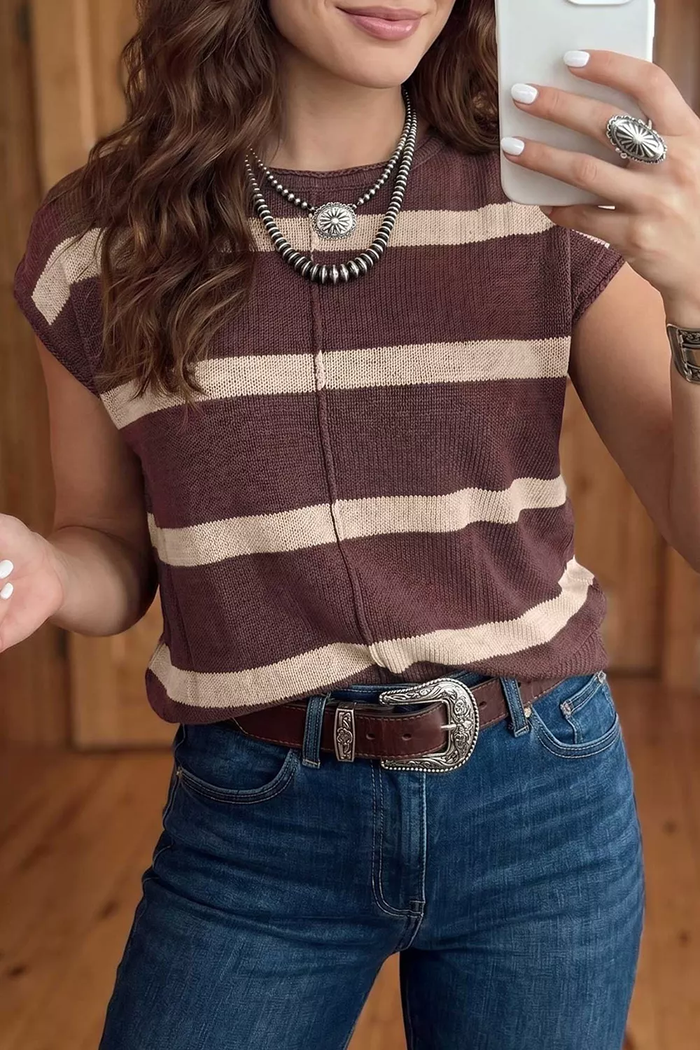 Stripe Knit Western Short Sleeve Sweater, image 7