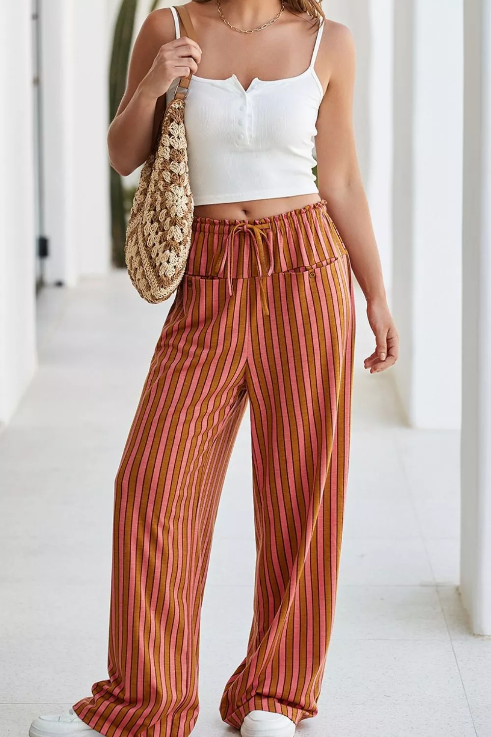 Stripe Button Pocket Tie Waist Casual Wide Leg Pants, image 2