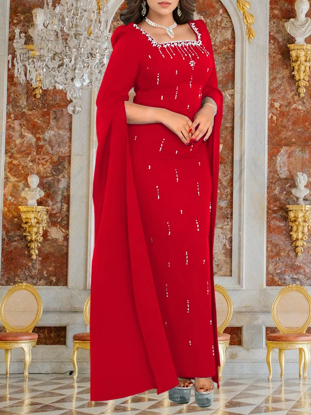 Rhinestone Square Neck Slit Sleeve Maxi Dress, image 8