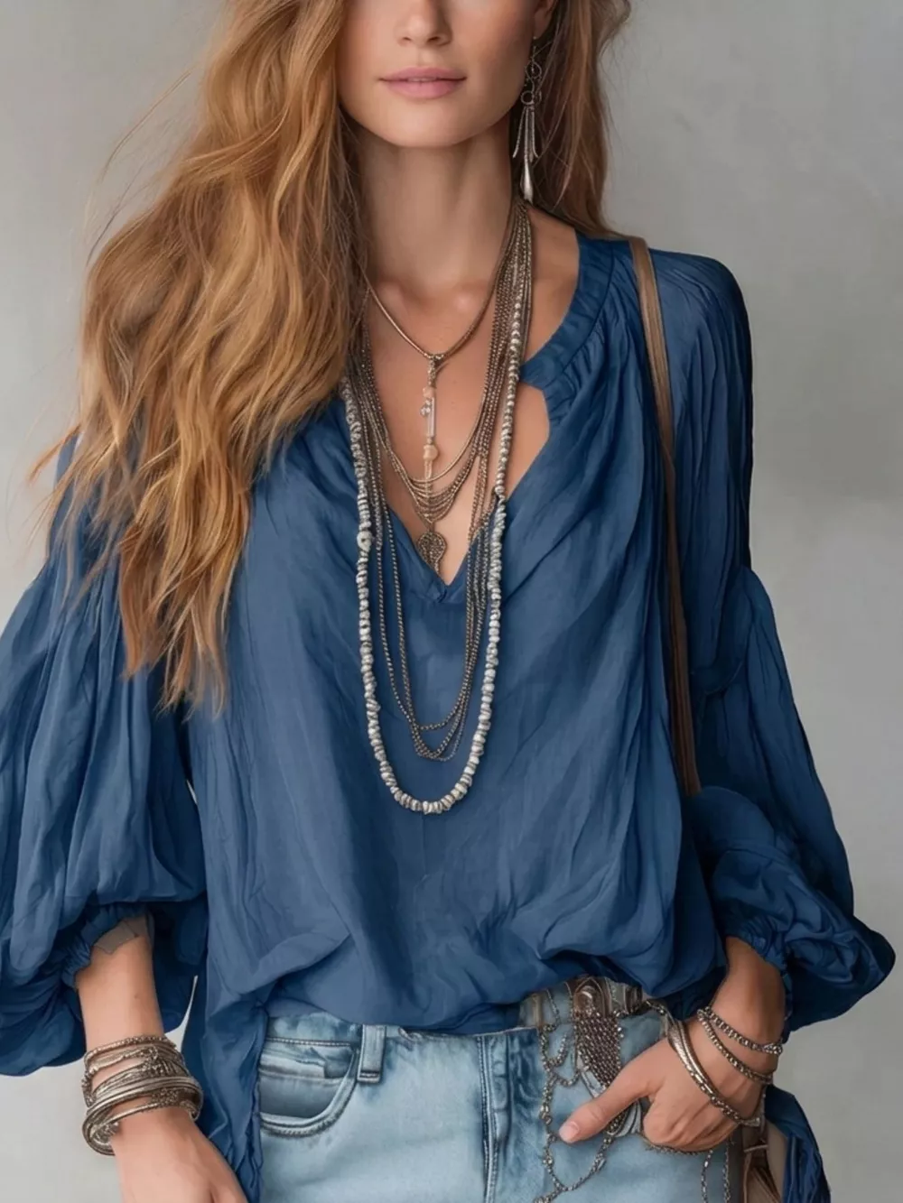 Notched Balloon Sleeve Blouse, image 12