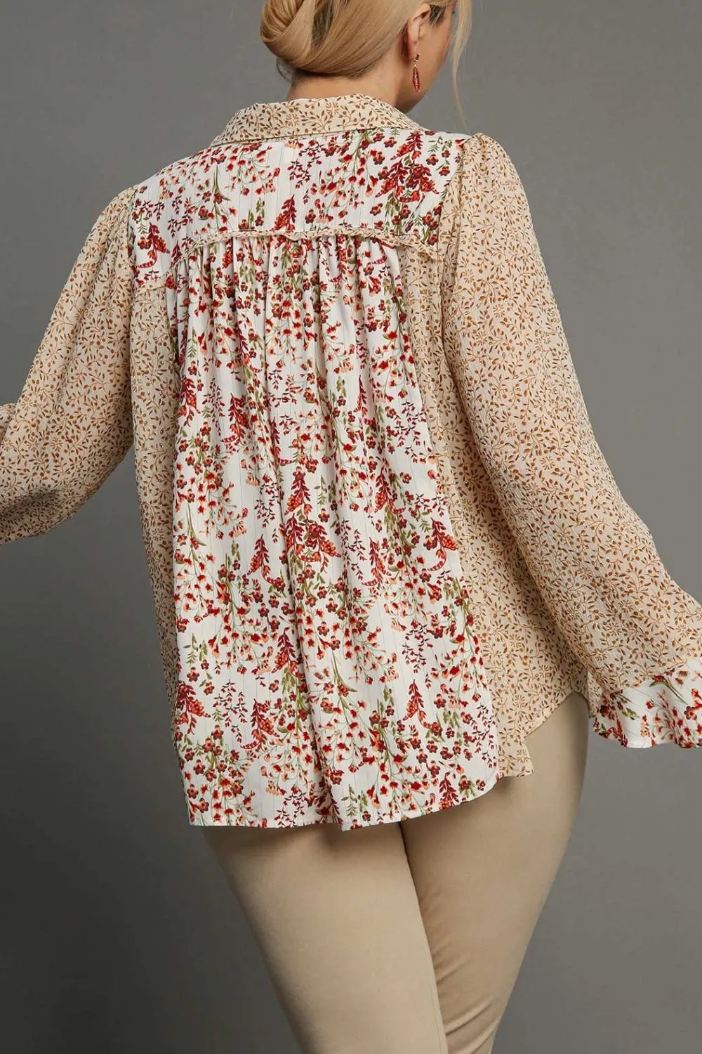 Full Size Mixed Print Metallic Detail Long Ruffle Sleeve Button Down Shirt Plus Size, image 4