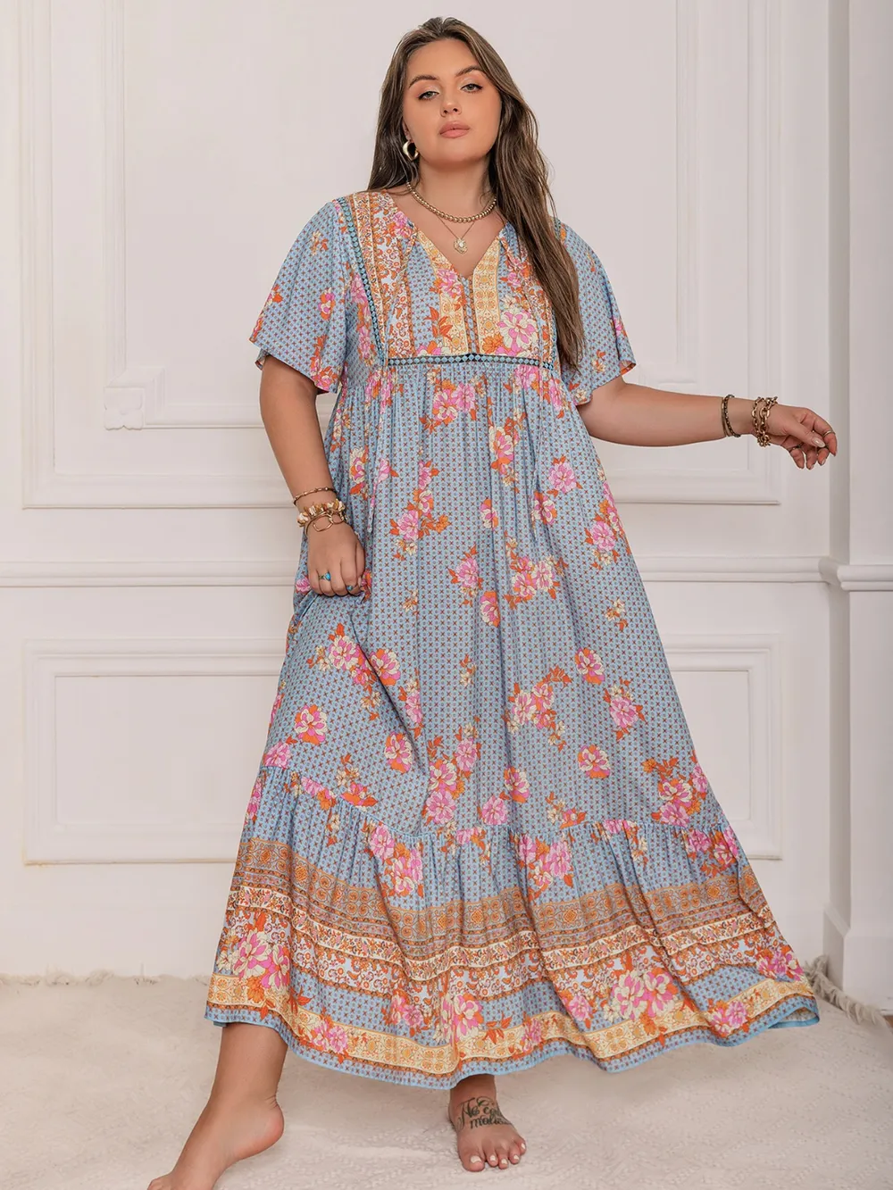 Plus Size Printed Tie Neck Flutter Sleeve Maxi Dress, image 5
