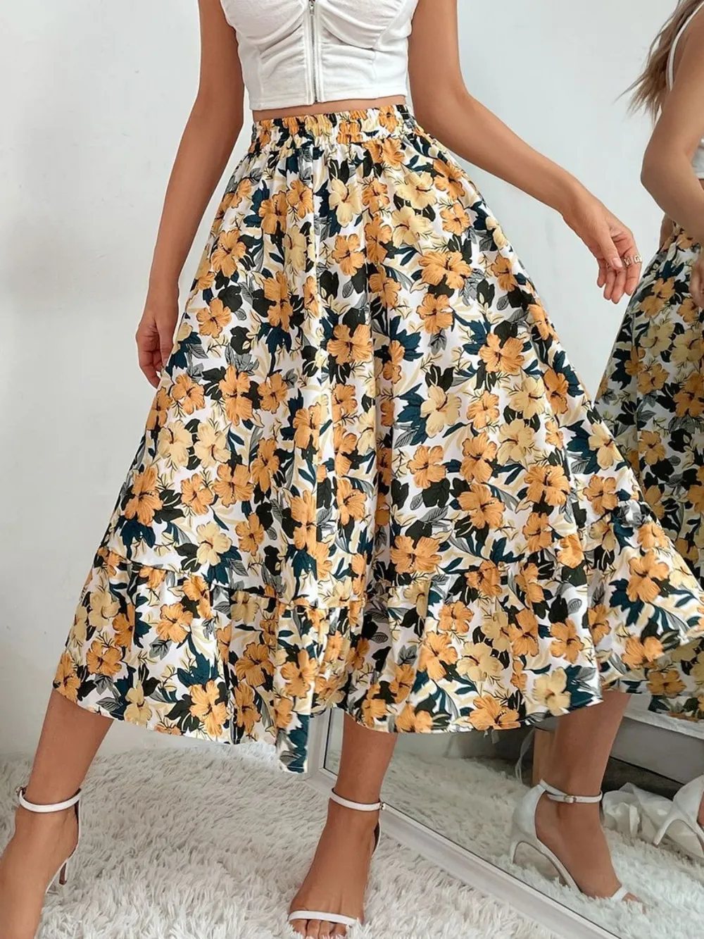 Printed Elastic Waist Midi Skirt, image 11