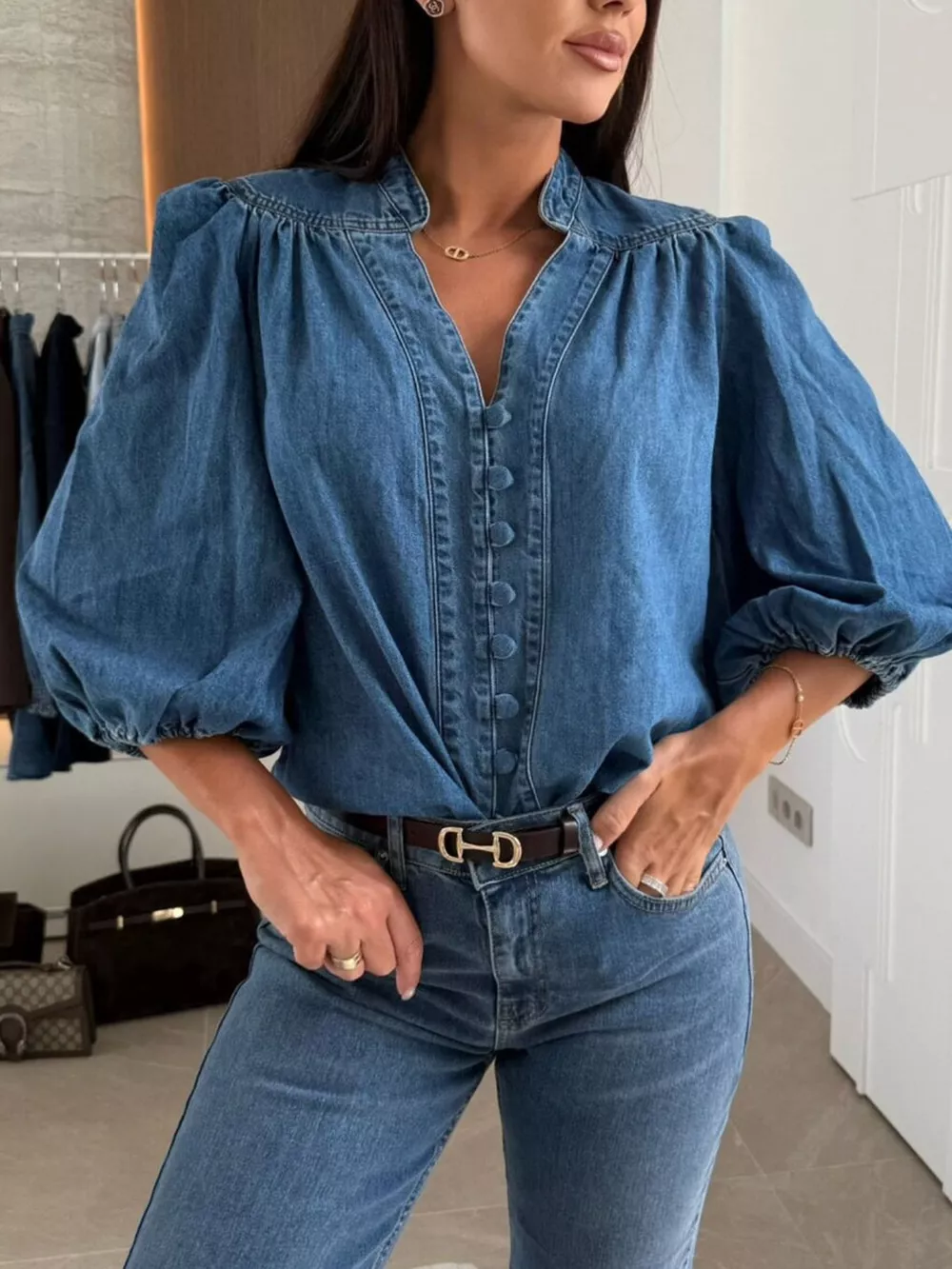 Button-Down Puff Sleeve Denim Top, image 3