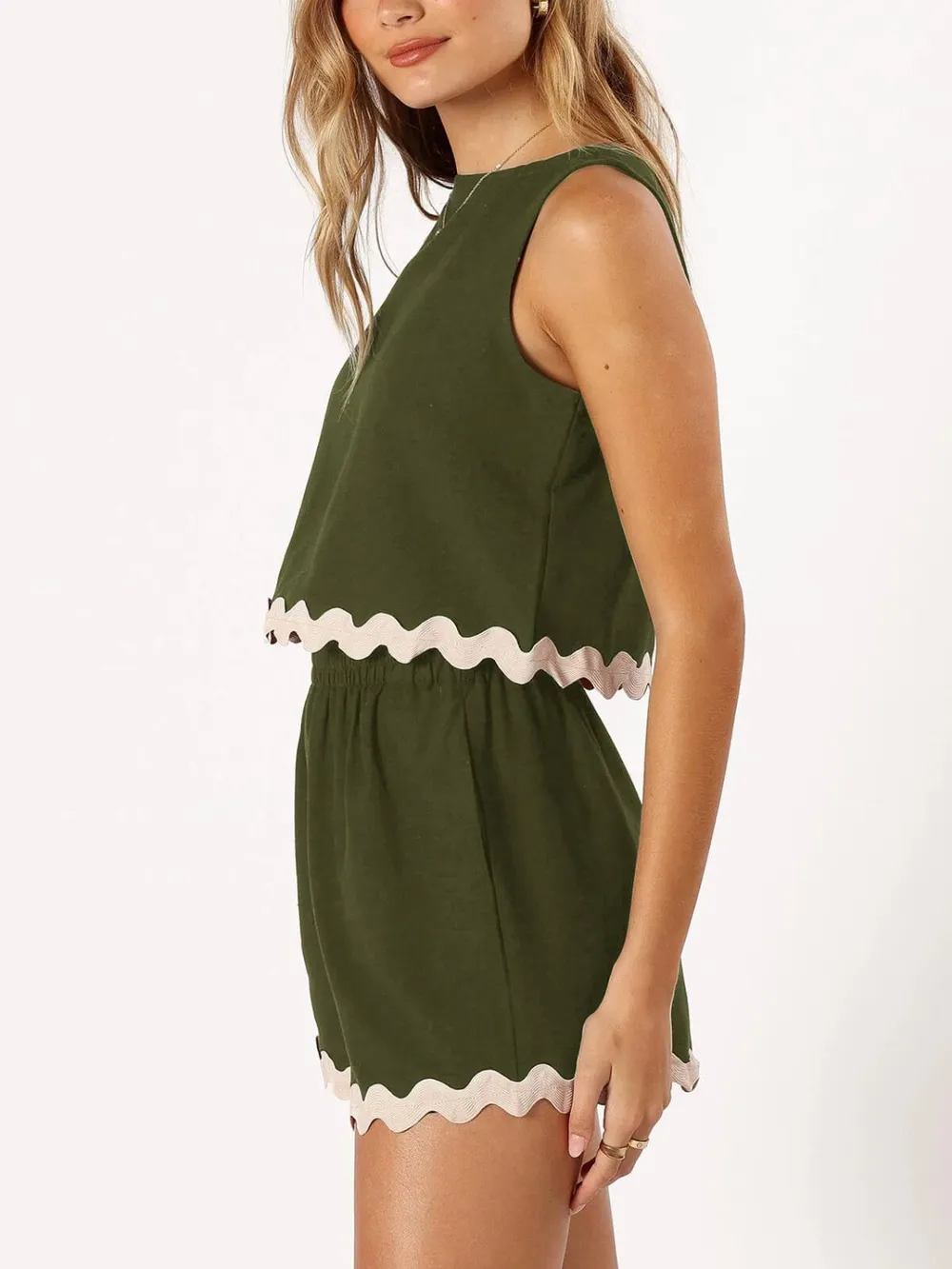 Contrast Trim Round Neck Top and Shorts Set, image 12