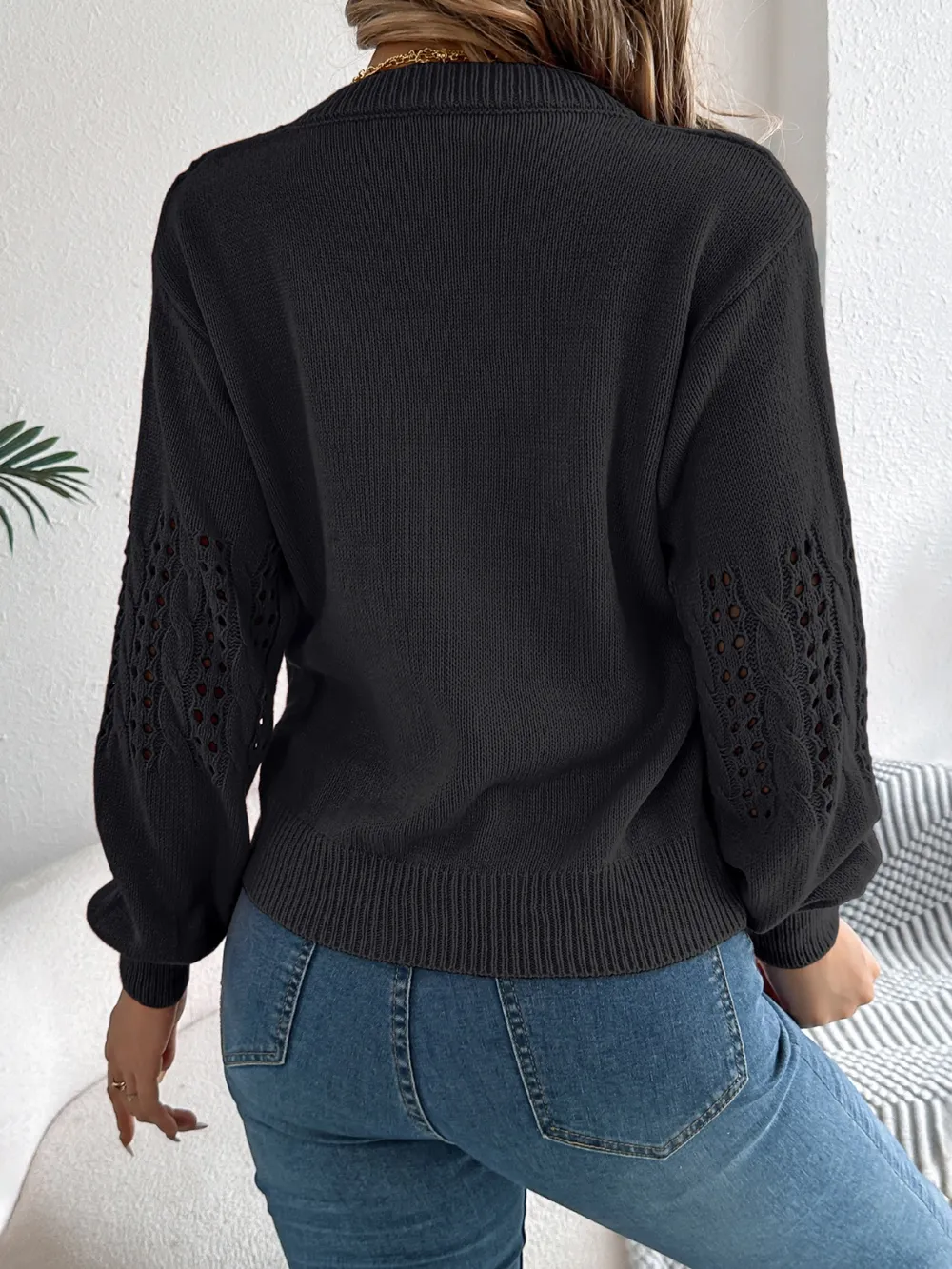 Openwork Round Neck Long Sleeve Sweater, image 12
