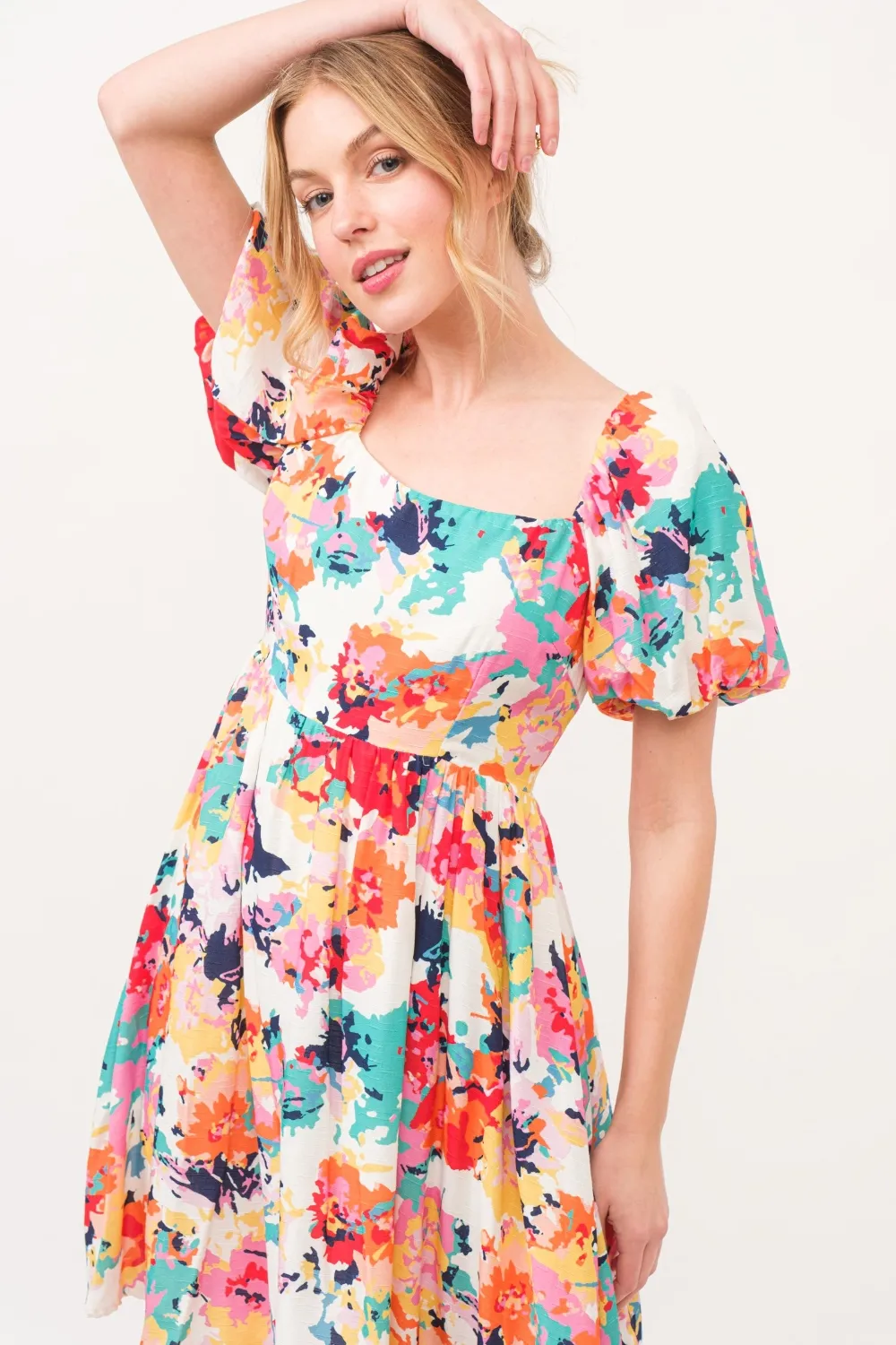 Square Neck Puff Sleeve Floral Dress, image 3