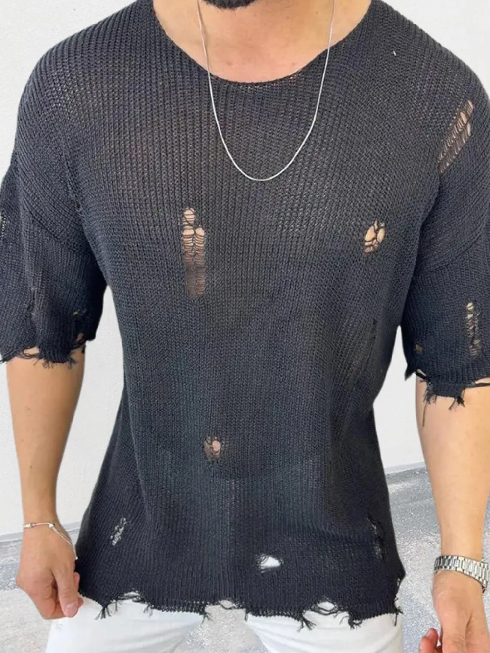 Men's Distressed Round Neck Knit Top, image 5