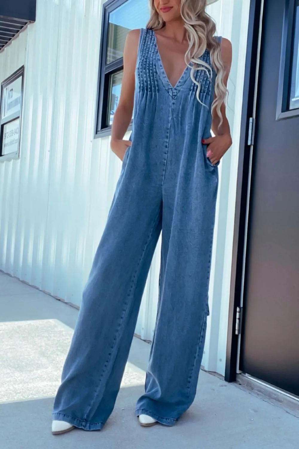 V-Neck Wide Leg Denim Jumpsuit, image 6