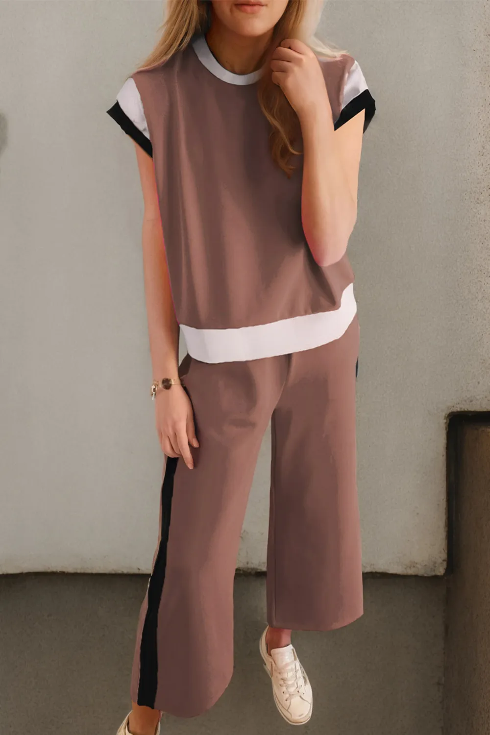 Contrast Round Neck Top and Pants Set, image 5