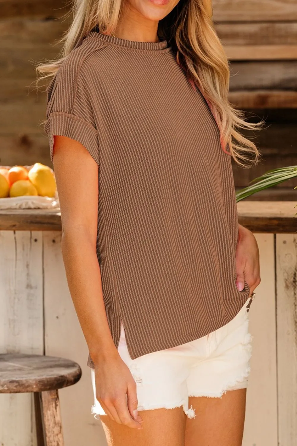 Casual Ribbed Short Sleeve Round Neck T-Shirt, image 16