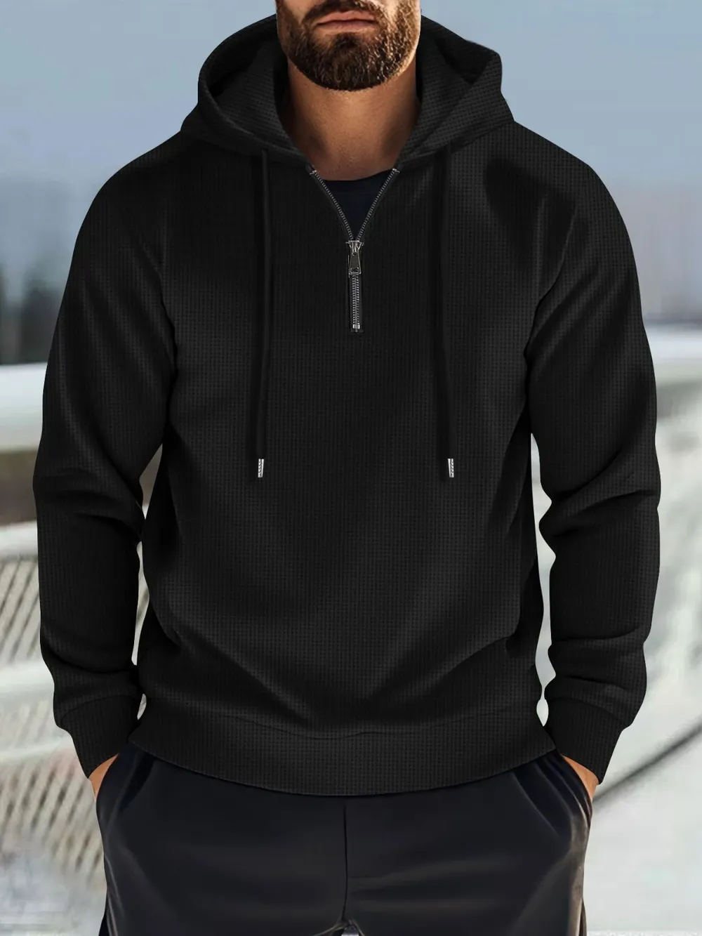 Men's Full Size Quarter Zip Long Sleeve Drawstring Hoodie Plus Size, image 3
