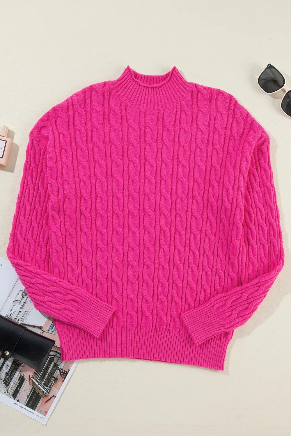 Cable-Knit Mock Neck Long Sleeve Sweater, image 2