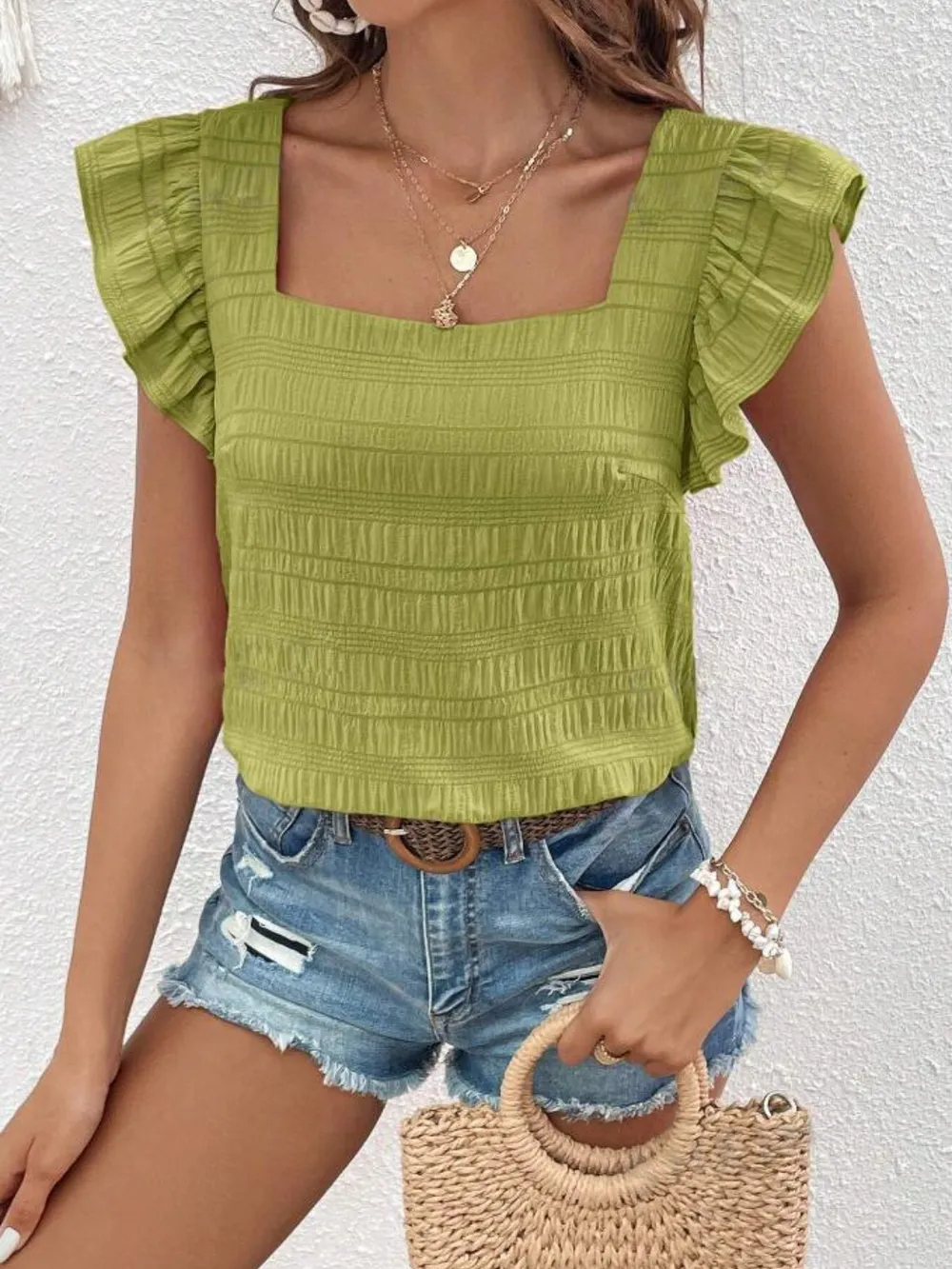 Ruffled Square Neck Cap Sleeve Blouse, image 26