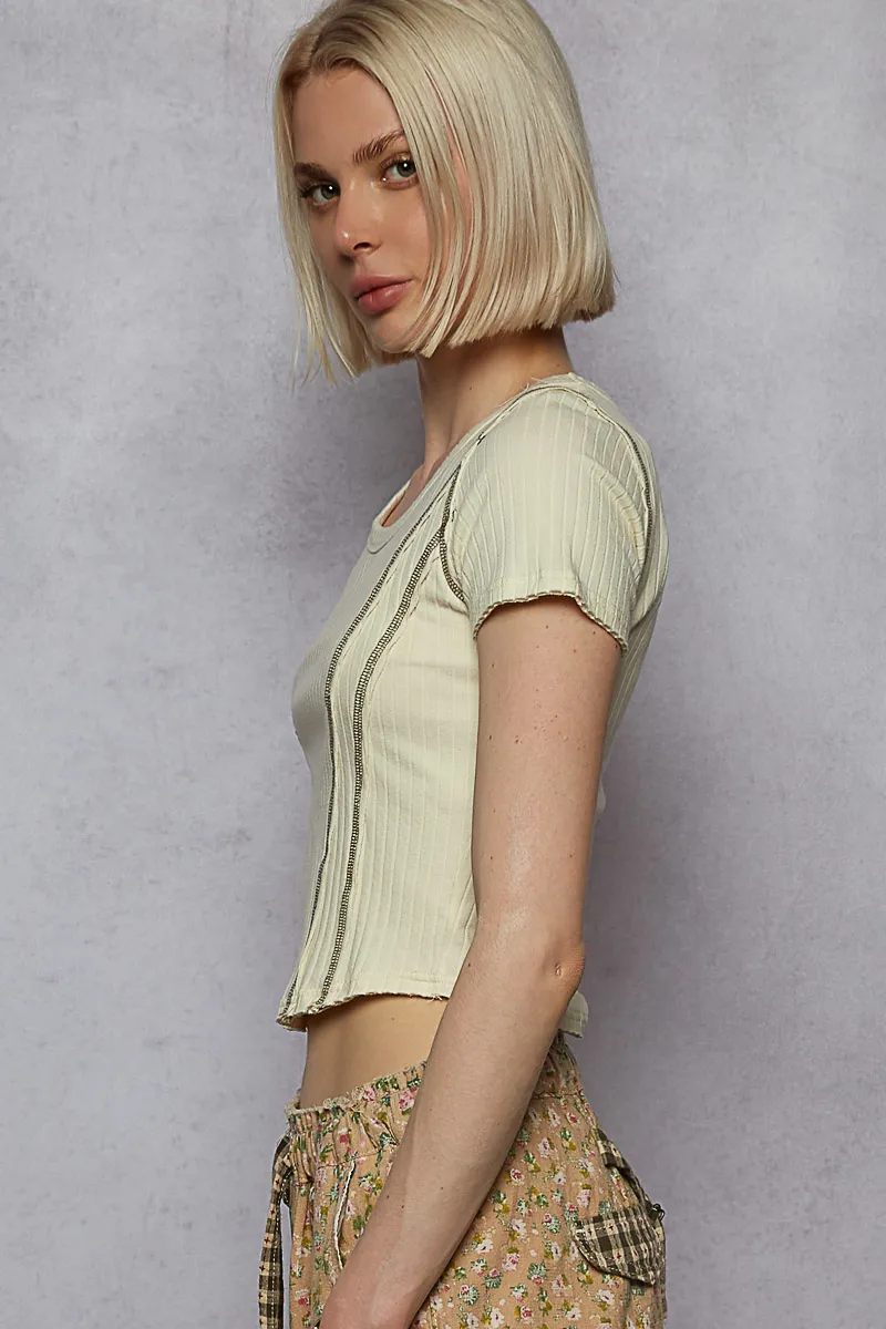 Contrast Stitching Round Neck Crop T-Shirt, image 2