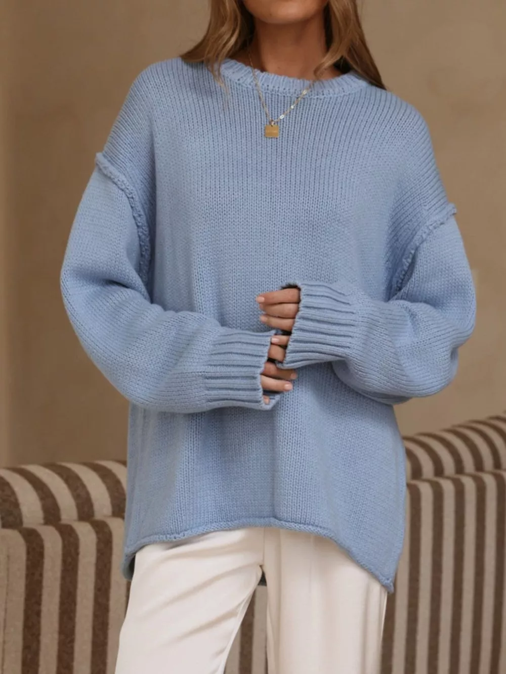 Crew Neck Dropped Shoulder Sweater, image 6
