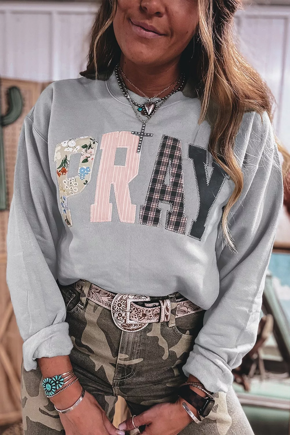 Floral Buffalo Plaid Striped Embroidered Patch Western Pullover Sweatshirt, image 5