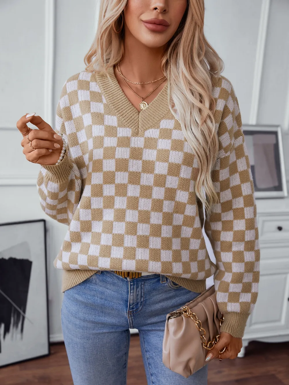 Checkered V-Neck Dropped Shoulder Sweater, image 2