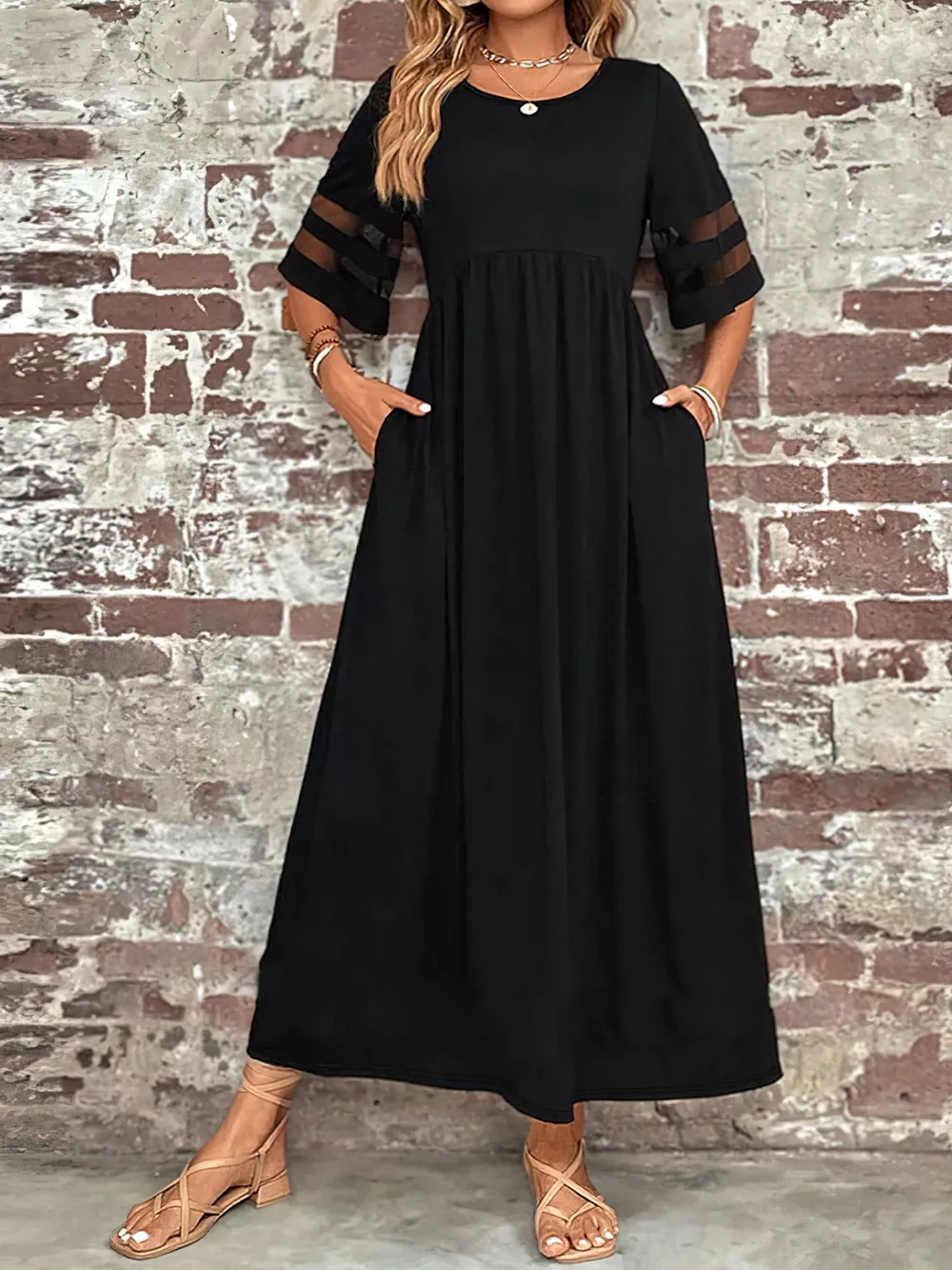 Plus Size Mesh Sleeve Round Neck Dress with Pockets, image 4