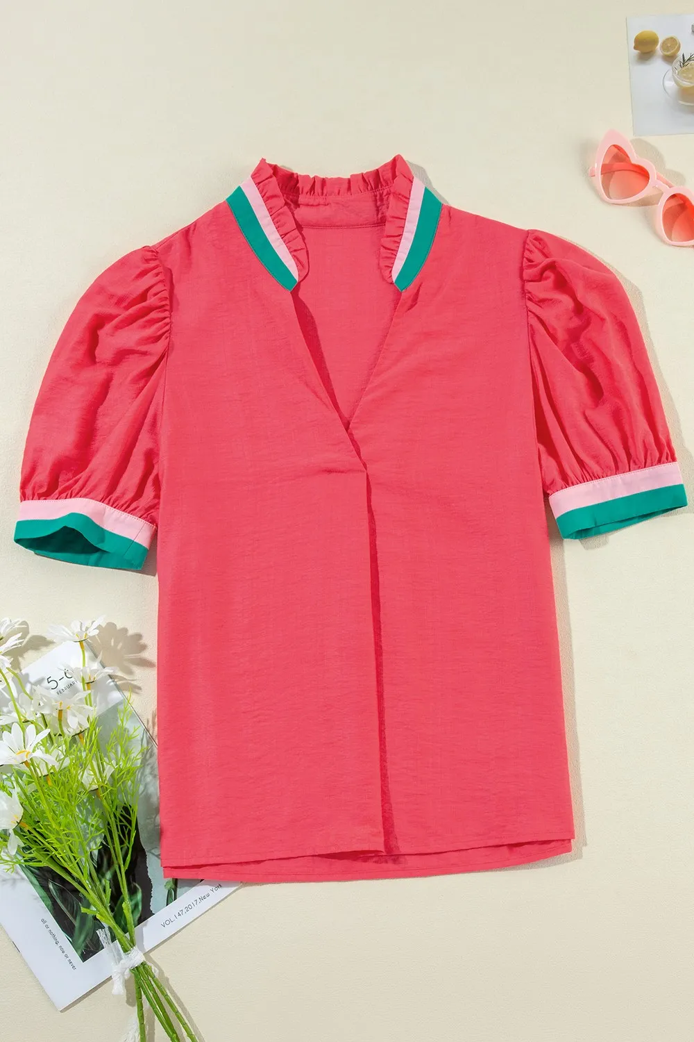 Contrast Trim Notched Short Sleeve Blouse, image 7