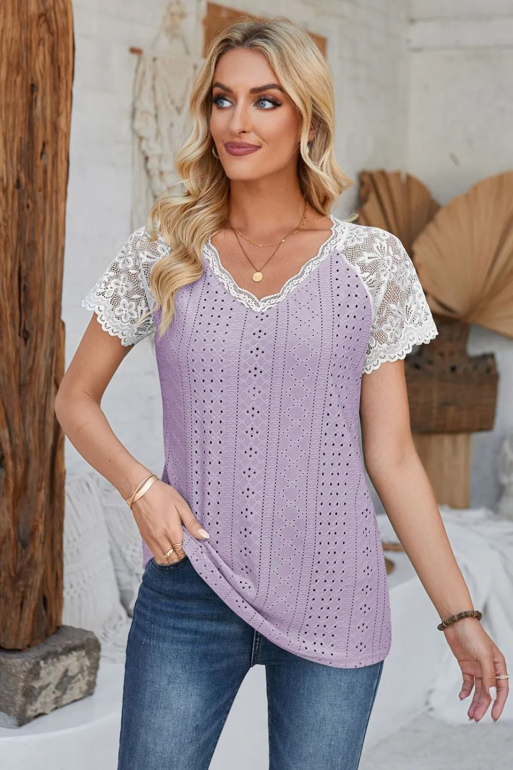 Eyelet V-Neck Lace Short Sleeve T-Shirt, image 12
