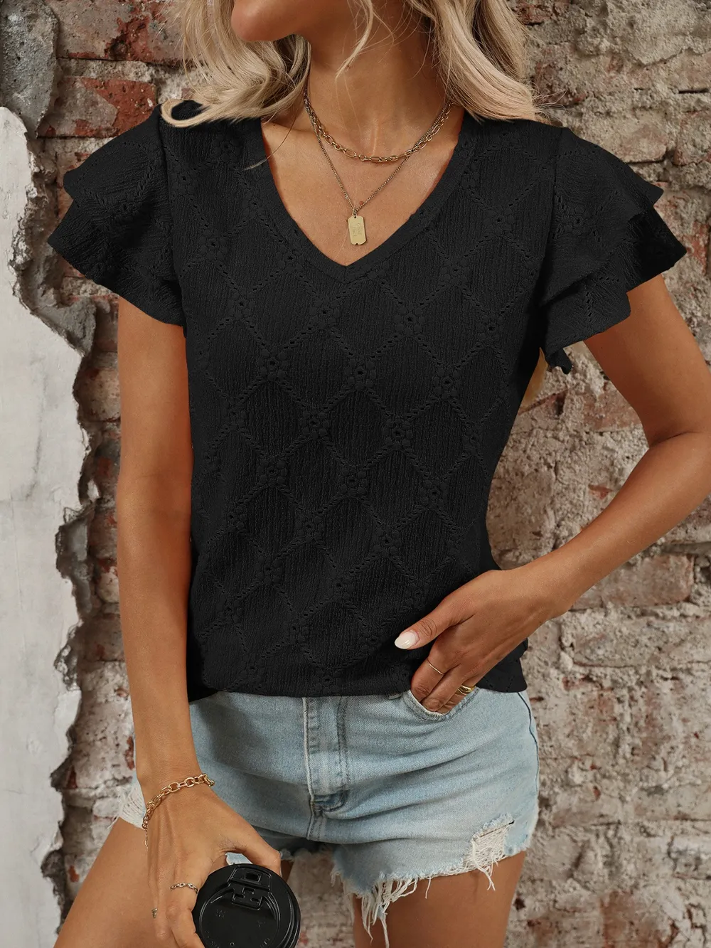 Eyelet V-Neck Ruffled Cap Sleeve Top, image 20