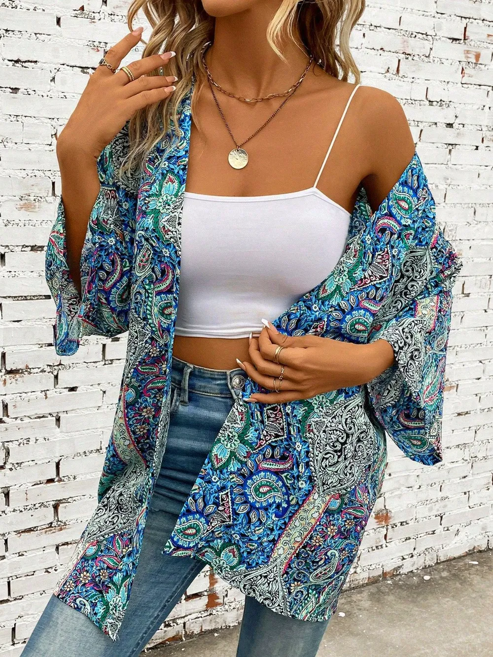 Printed Open Front Three-Quarter Sleeve Cover Up, image 2