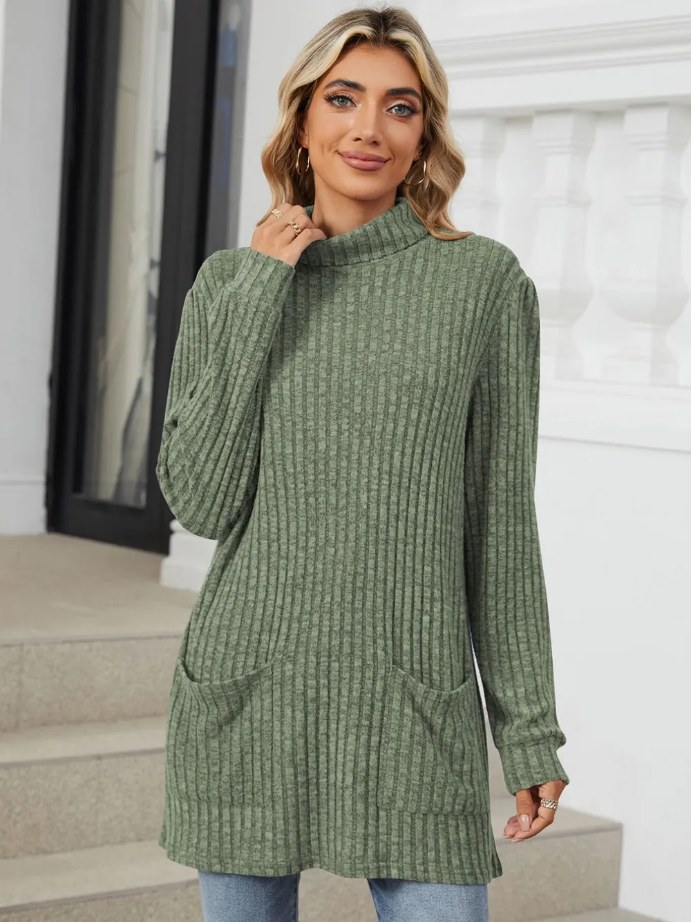 Ribbed Mock Neck Long Sleeve T-Shirt, image 19