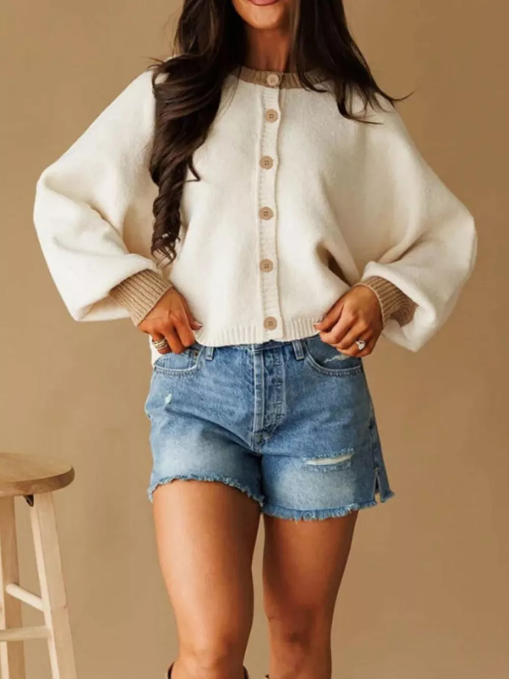 Button-Front Knit Cardigan with Contrast Trim, image 2