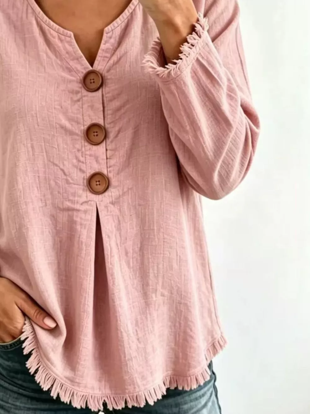 Full Size Casual Half-Button Blouse with Frayed Hem Detail Plus Size, image 2
