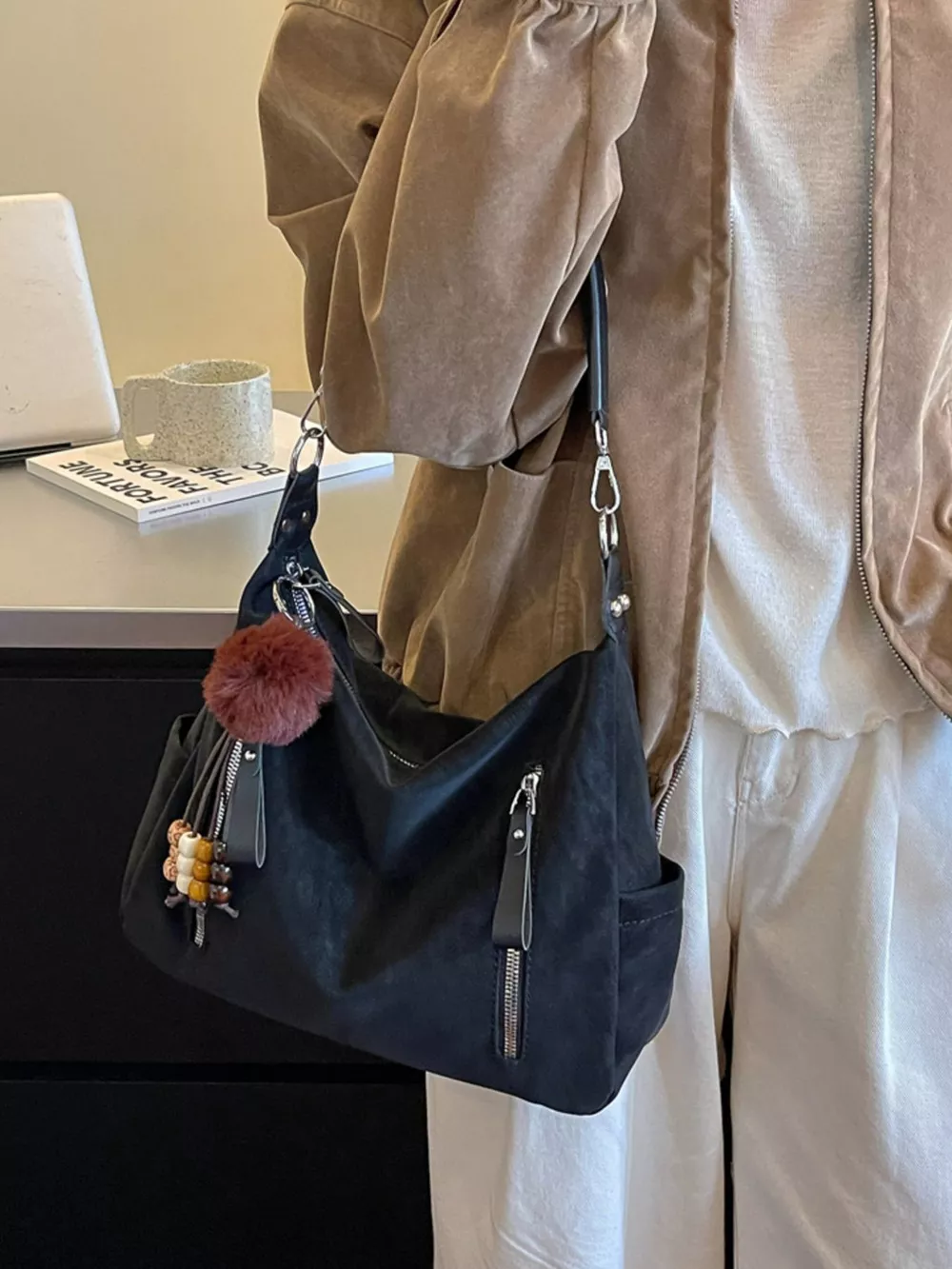 Decorative Pom-Pom and Bead Charm Shoulder Bag