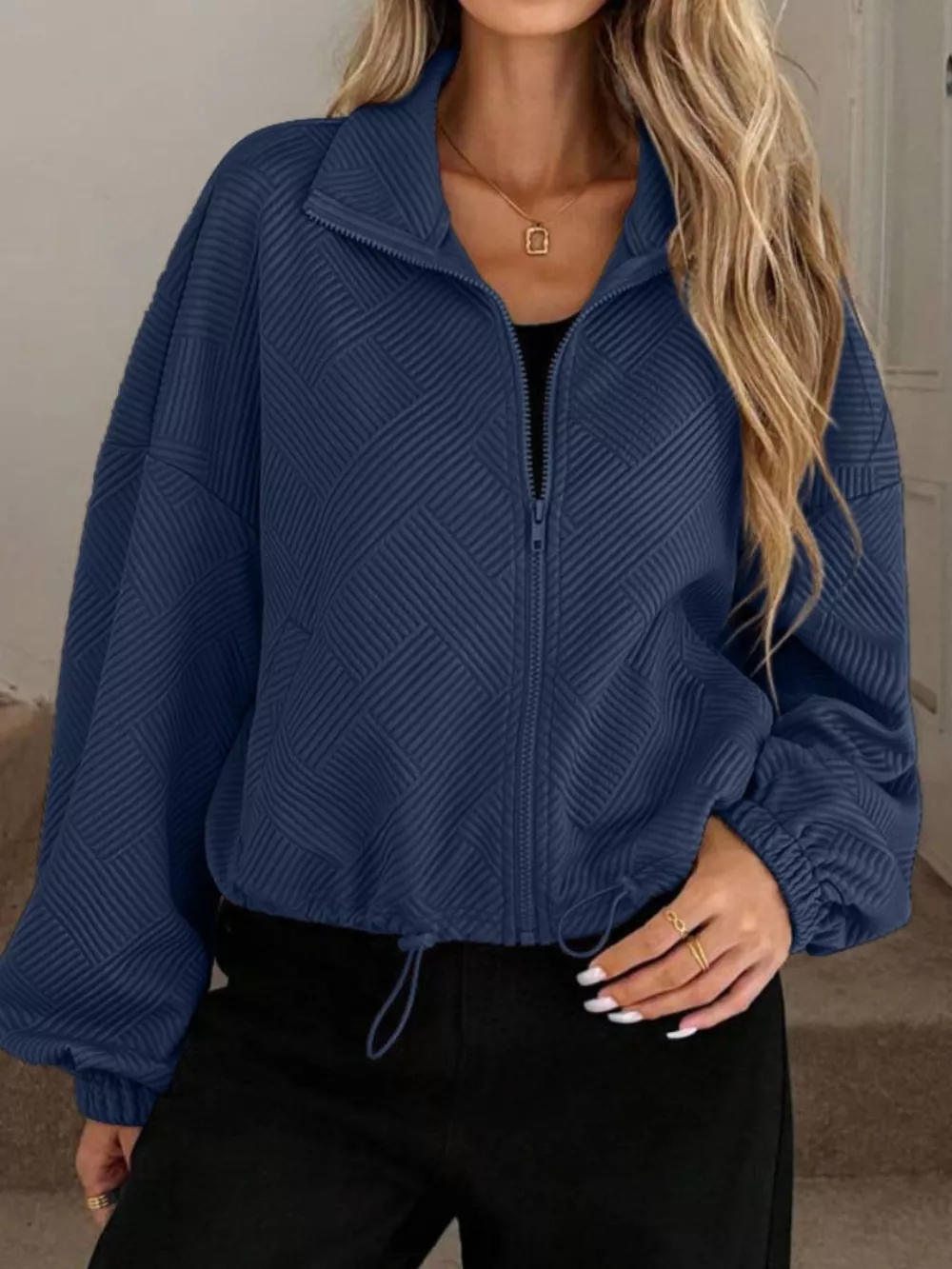 Textured Zip-Up Drawstring Hem Jacket, image 11