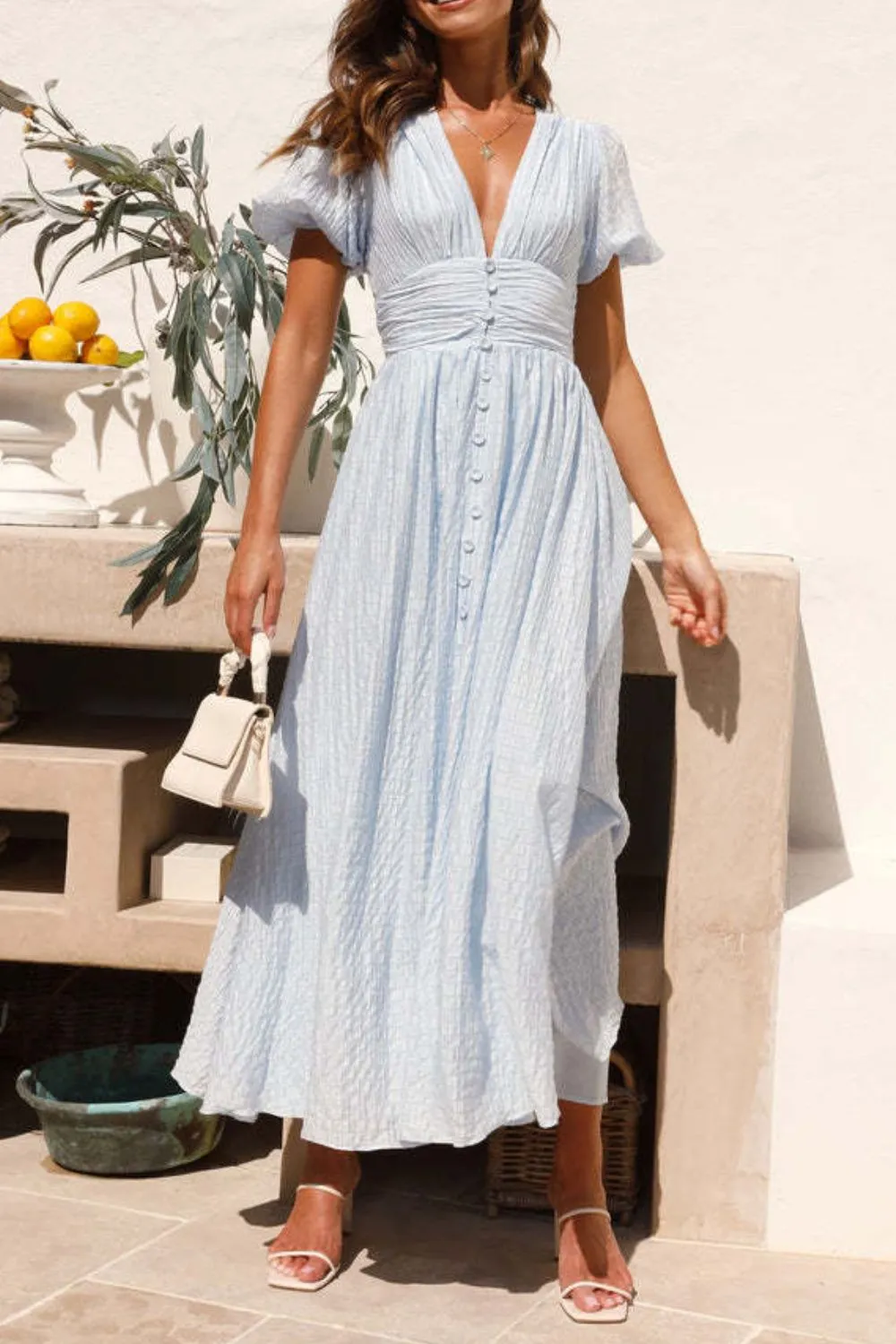 V-Neck Puff Short Sleeve Midi Dress, image 7
