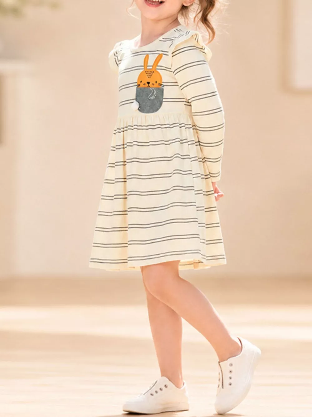Children's Striped Long-Sleeve Dress with Rabbit Pocket Detail, image 3