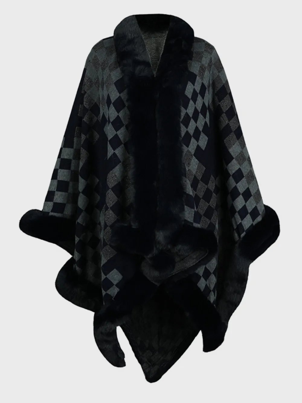 Fuzzy Checkered Long Sleeve Poncho, image 12