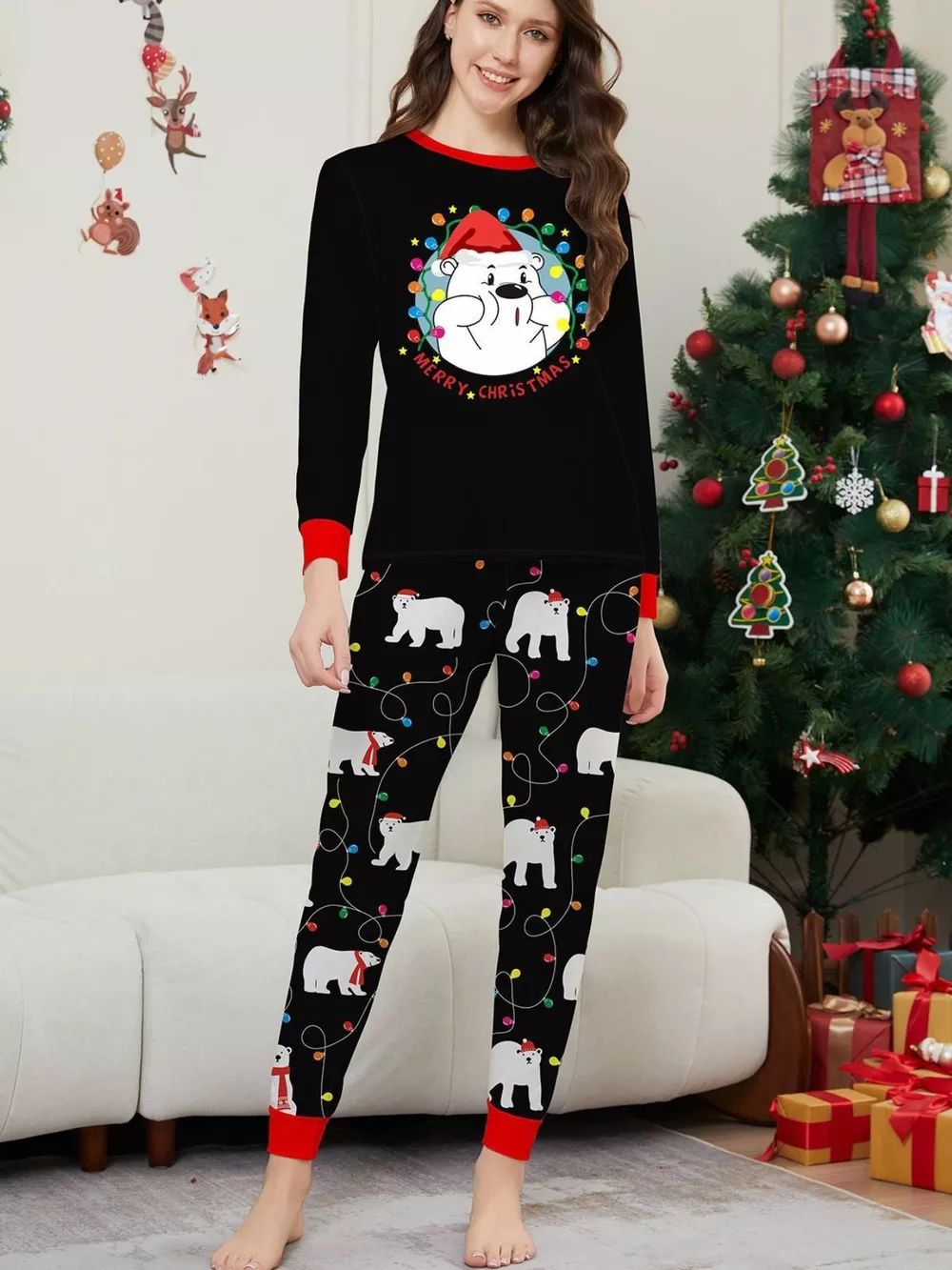 Full Size Family Matching Christmas Pajamas Set with Polar Bear Print Plus Size, image 5