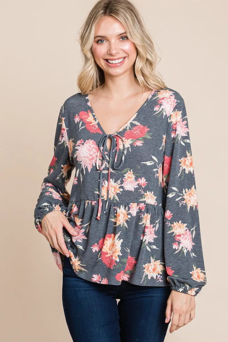 Full Size Babydoll Floral Long Sleeve Blouse, image 5